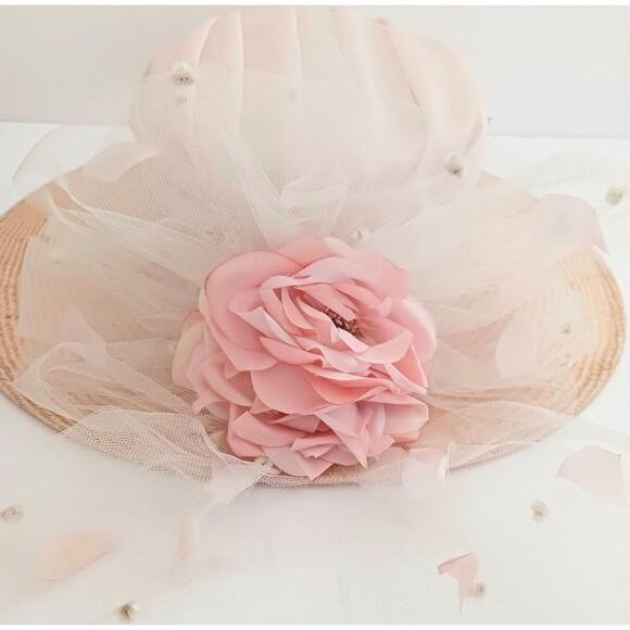 VTG Sonni San Francisco Straw Hat Wide Brim Tulle/Pk Rose Garden Party Wedding main image 5
